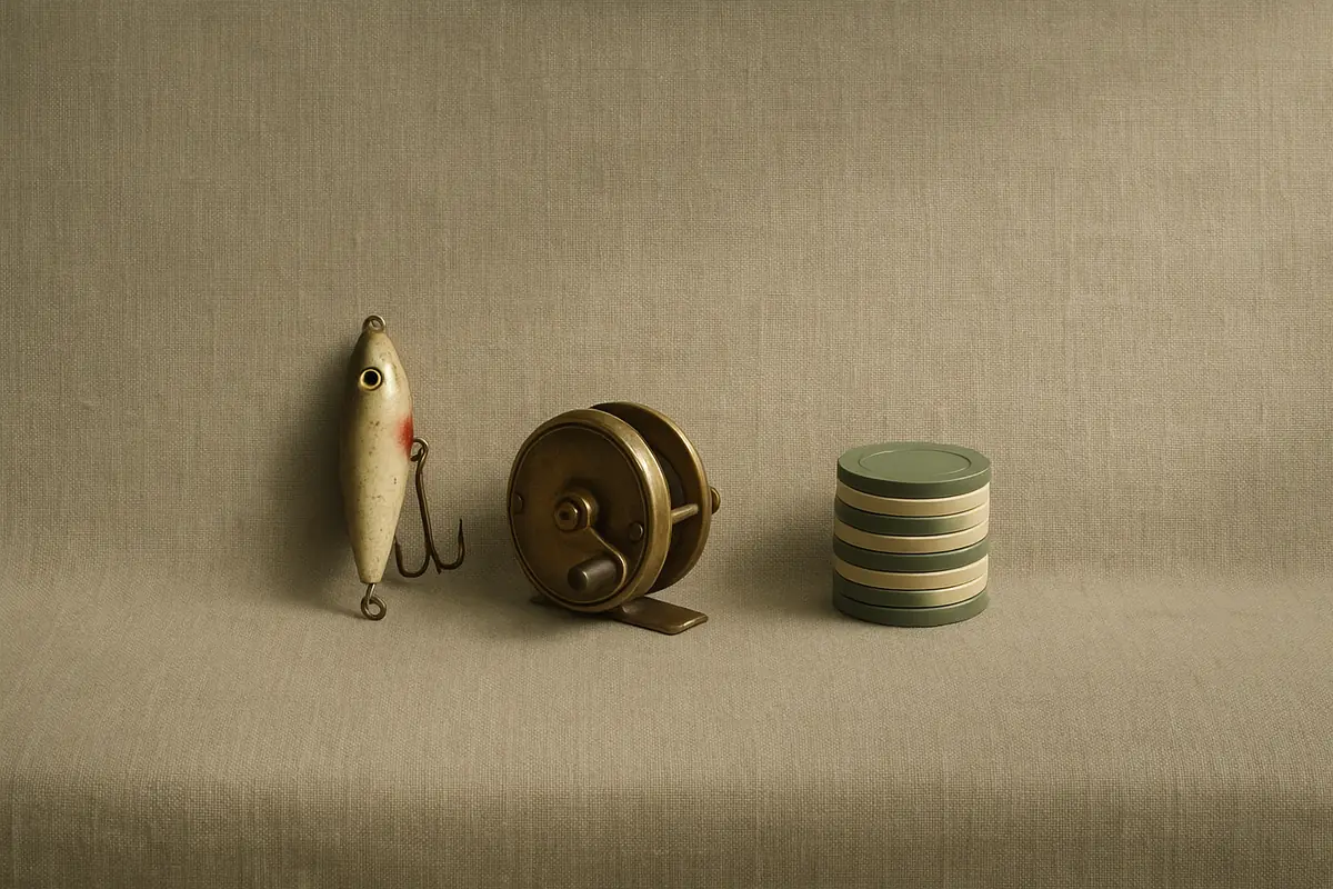 Fishing lure, reel and casino chips on linen